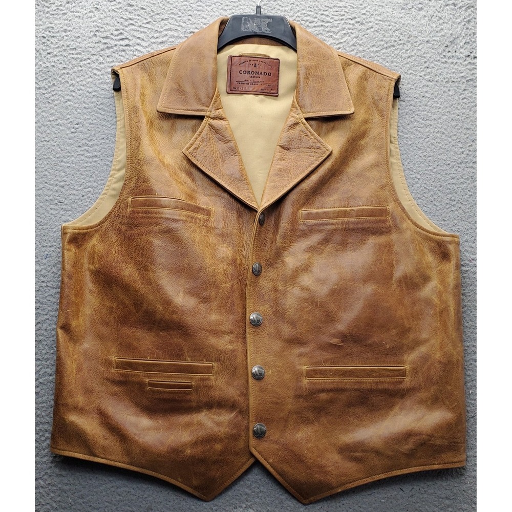 Vtg Coronado Leather Ranchers Western Vest Mens 50 Brown Americana Nickel Button